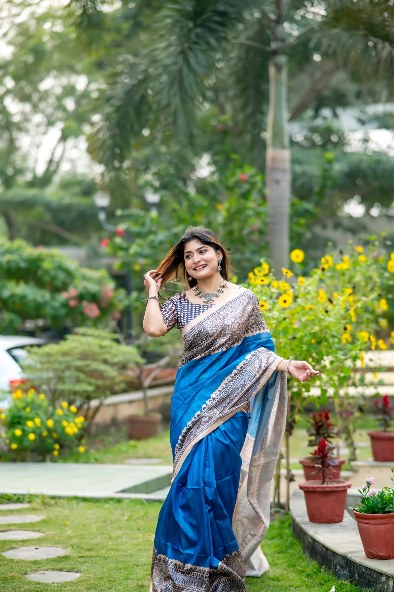 Buy MySilkLove Royal Blue Madhubani Printed Silk Saree Online