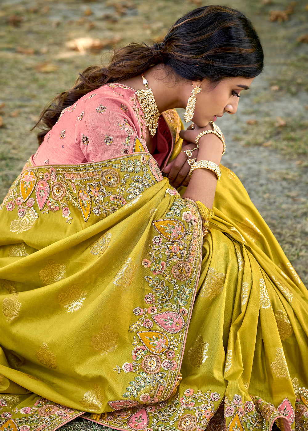 MySilkLove Snapchat Yellow Woven Designer Banarasi Embroidered Silk Saree