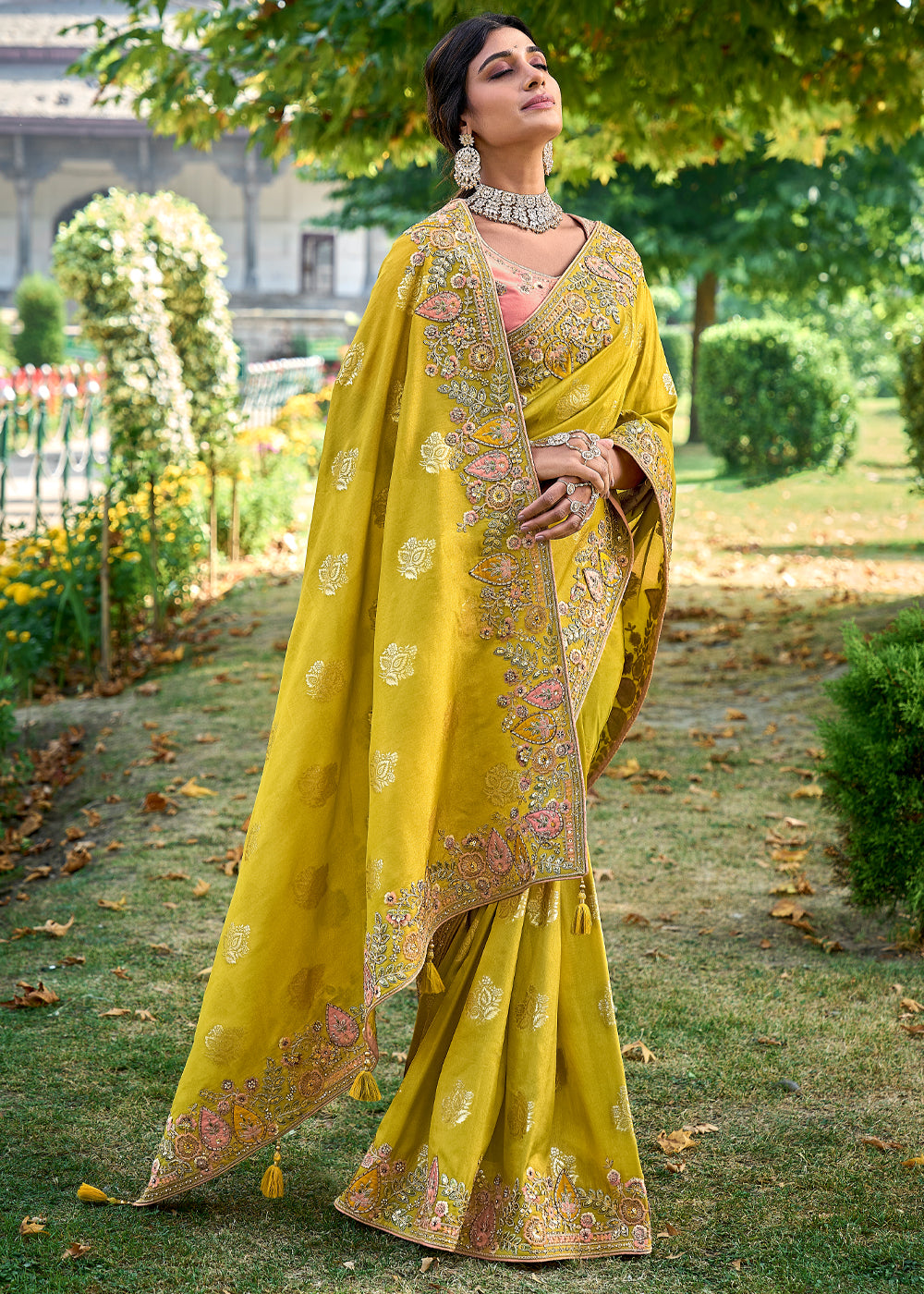 Buy MySilkLove Snapchat Yellow Woven Designer Banarasi Embroidered Silk Saree Online