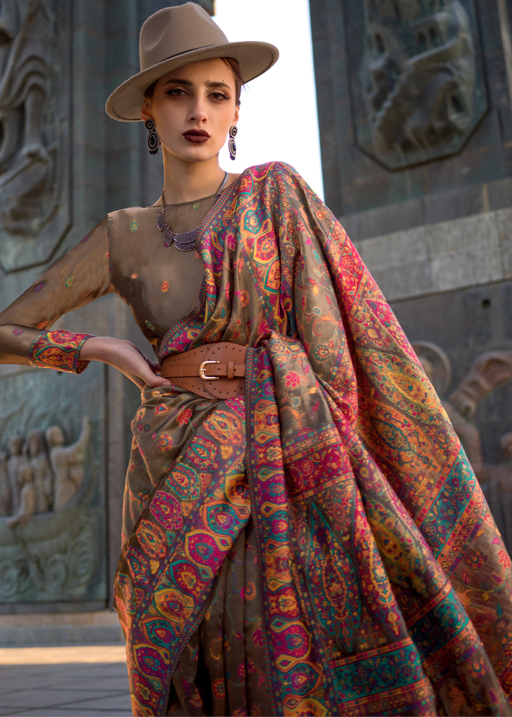 Buy MySilkLove Cumin Brown Jamawar Woven Organza Silk Saree Online