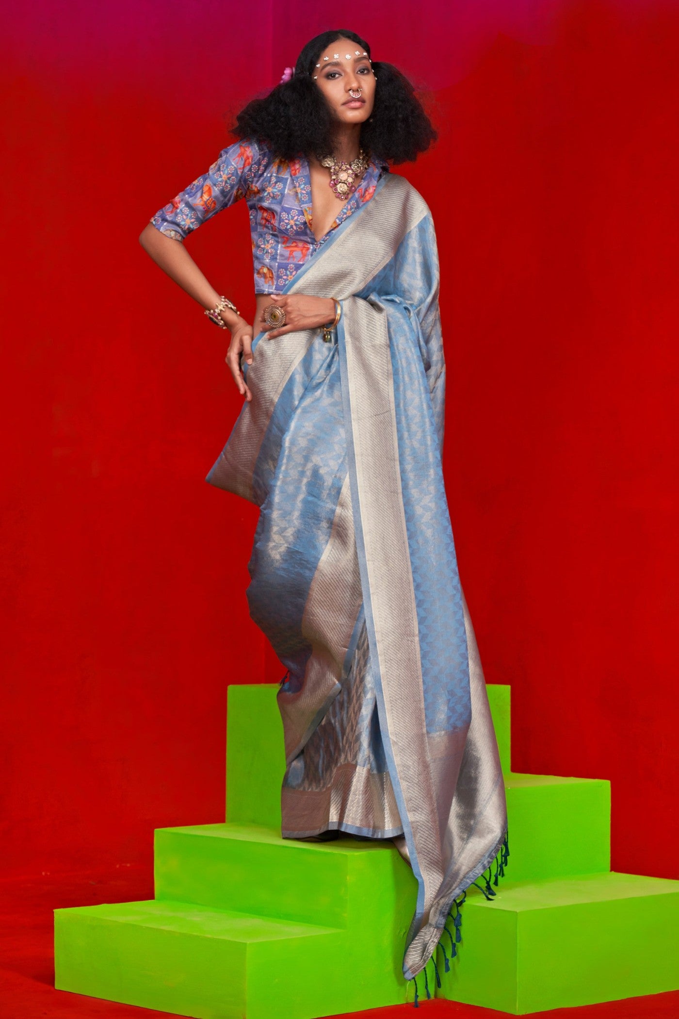Buy MySilkLove Mineral Blue Woven Tissue Silk Saree Online