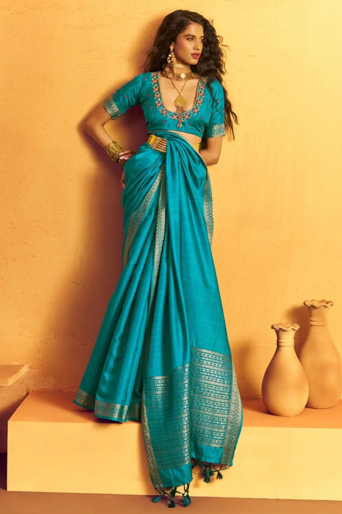 Buy MySilkLove Celtic Blue Tussar Handloom Silk Saree Online