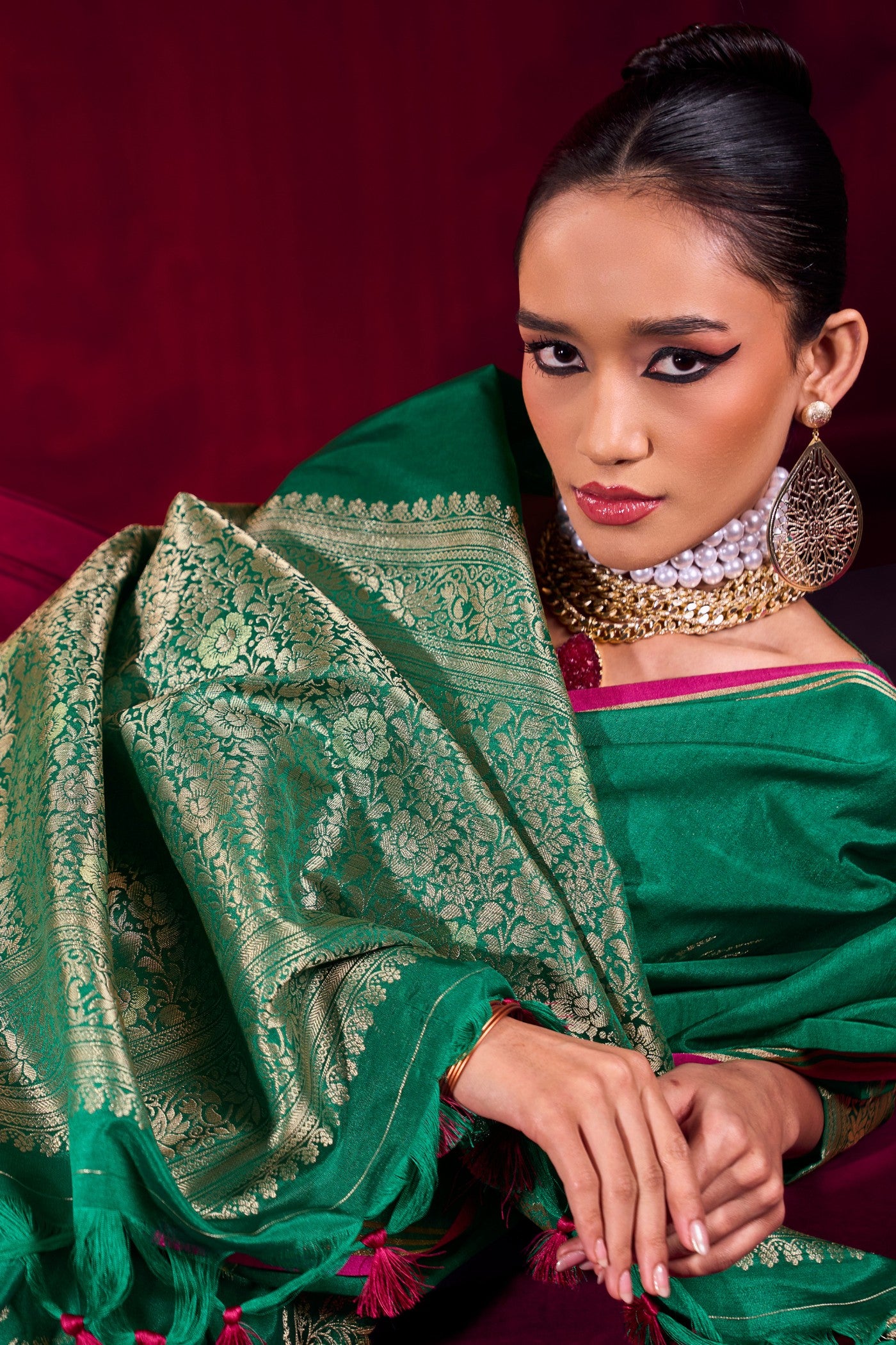 MySilkLove Forest Green Handloom Satin Soft Silk Saree