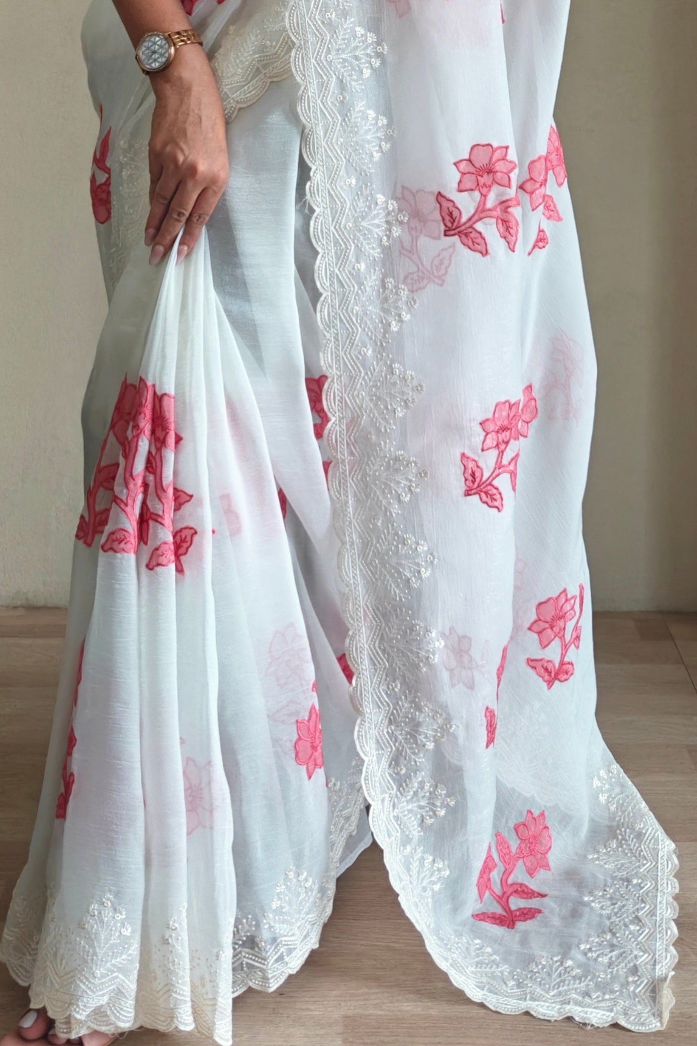 Buy MySilkLove Snow White Embroidered Floral Silk Saree Online