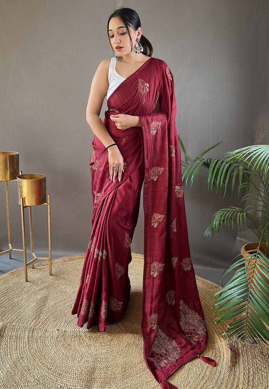 Buy MySilkLove Persian Plum Maroon Embroidered Tussar Silk Saree Online