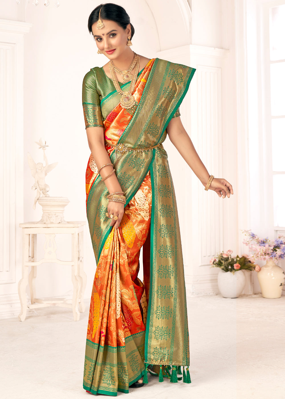 Buy MySilkLove Fire Bush Orange Woven Paithani Fusion Kanjivaram Silk Saree Online