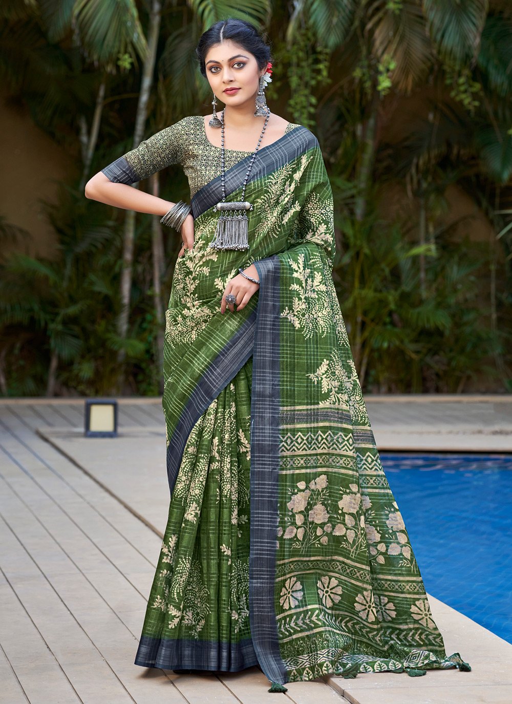 Buy MySilkLove Locust Green Linen Digital Printed Saree Online