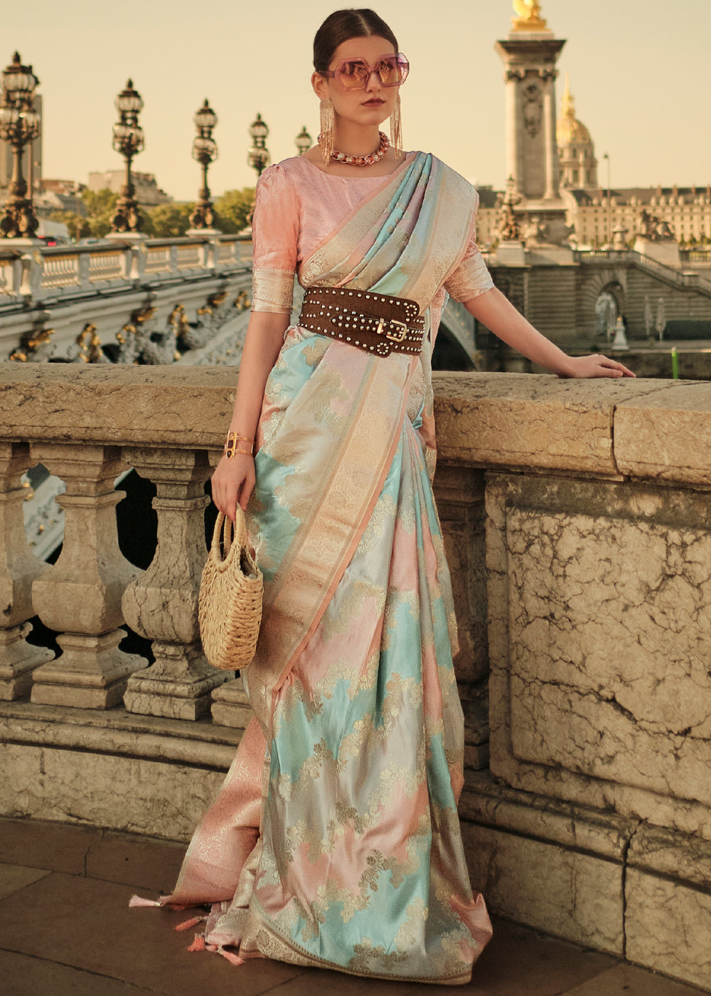 Buy MySilkLove Rodeo Dust cream and Green Banarasi Handloom Rangkat Weaving Saree Online