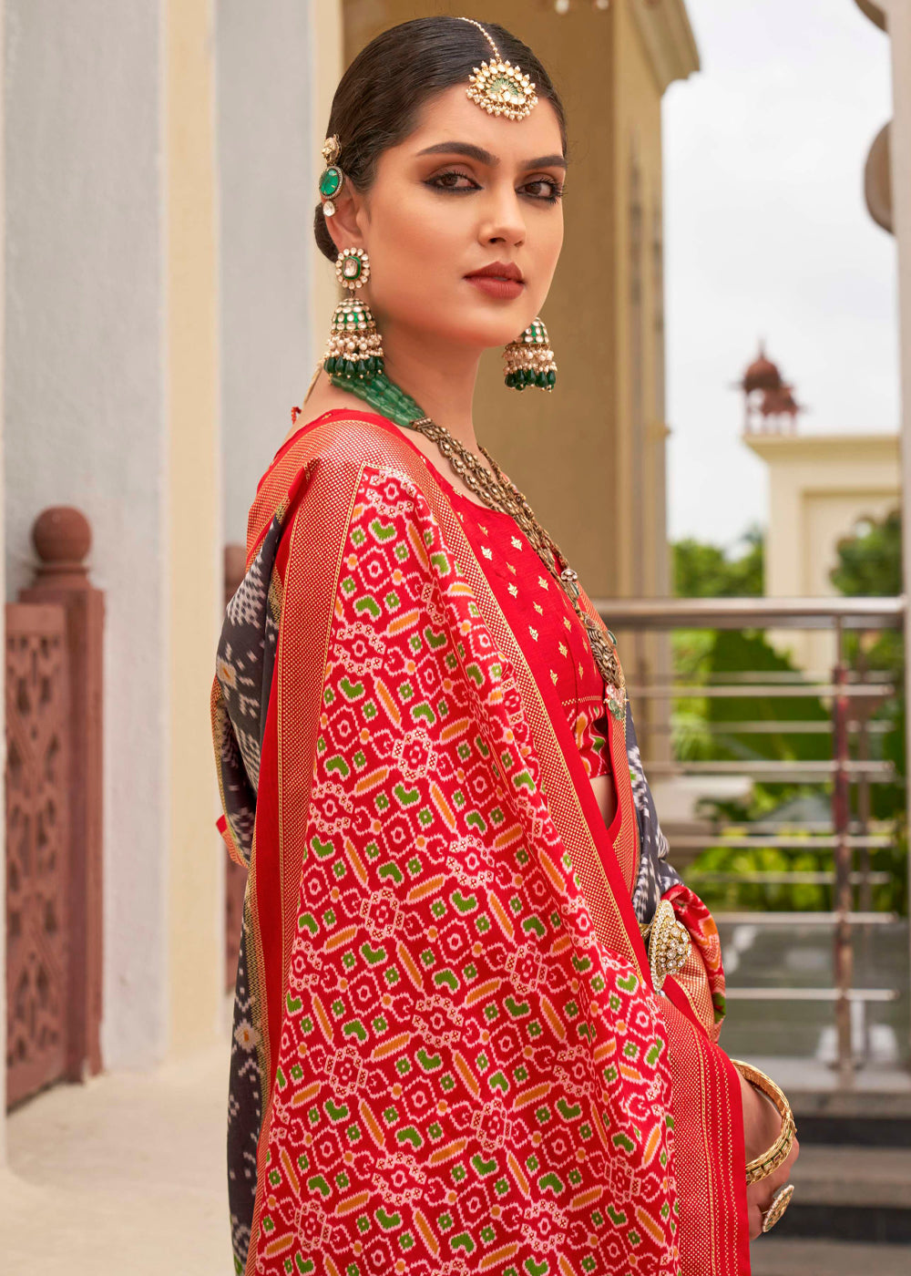 Buy MySilkLove Cloudy Grey and Red Printed Patola Soft Silk Saree Online