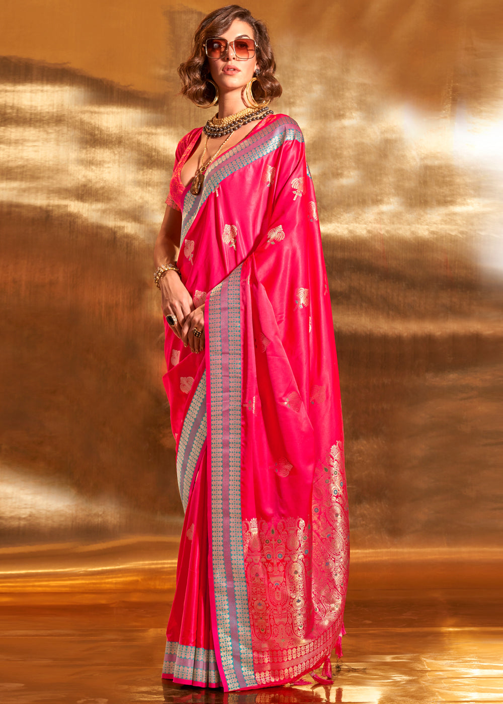 Buy MySilkLove Wild Watermelon Pink Woven Banarasi Satin Silk Saree Online