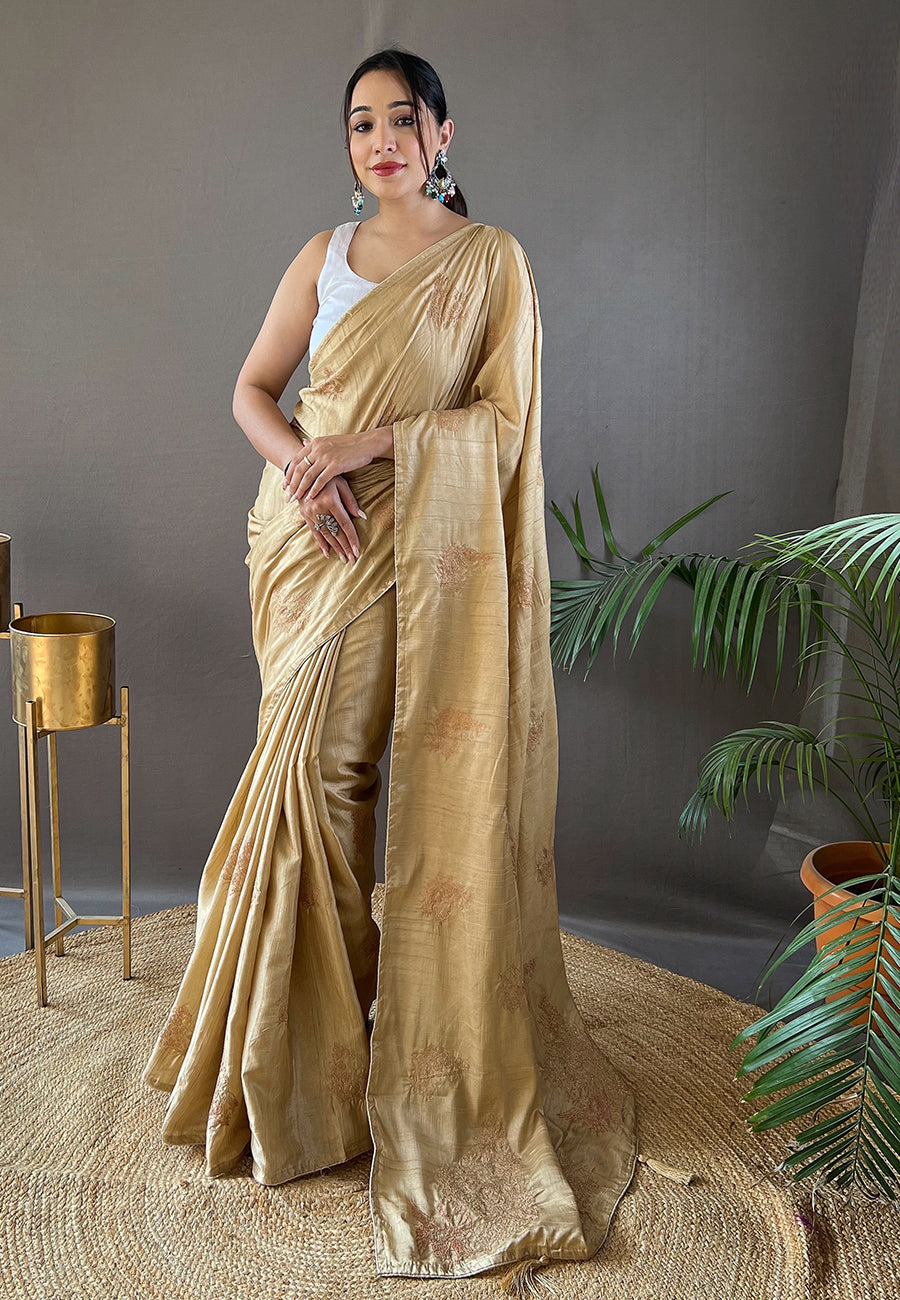 Buy MySilkLove Cameo Cream Embroidered Tussar Silk Saree Online