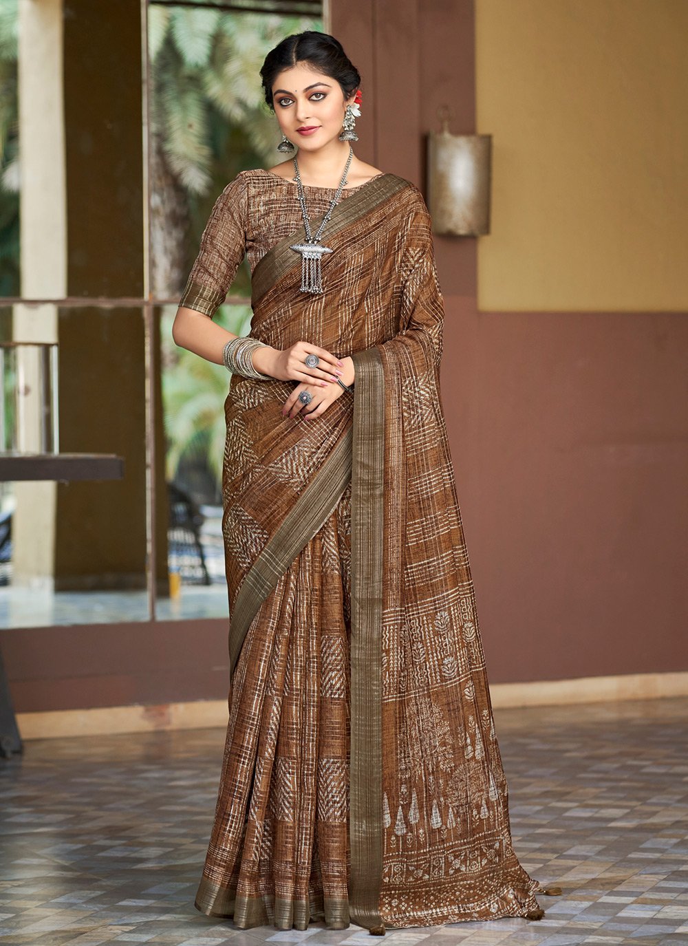 Buy MySilkLove Citrine Brown Digital Printed Linen Saree Online