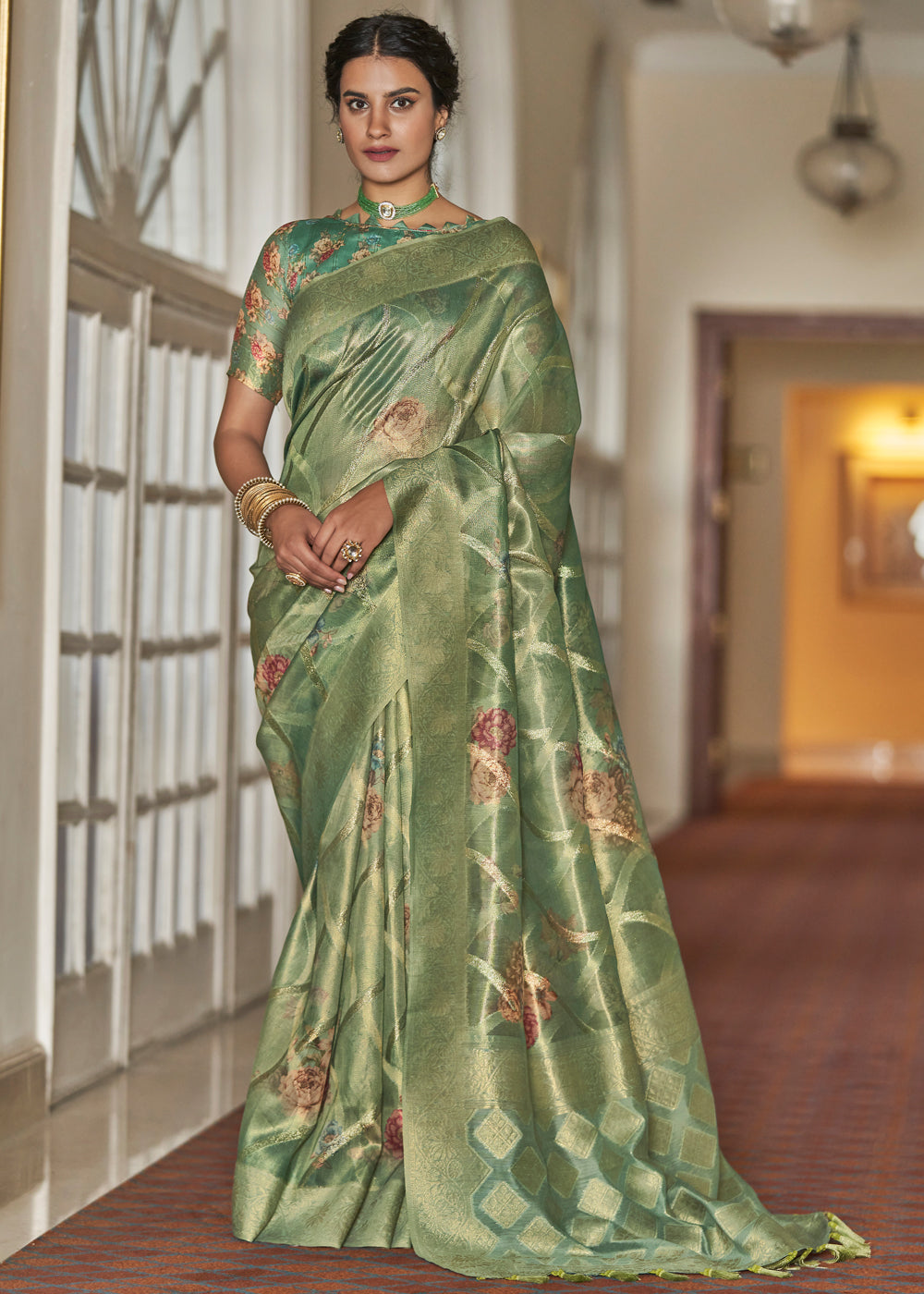 Buy Avocado Green Woven Banarasi Tissue Organza Silk Sare Online