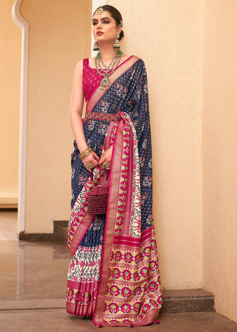 Buy MySilkLove Catalina Blue and Maroon Printed Patola Soft Silk Saree Online