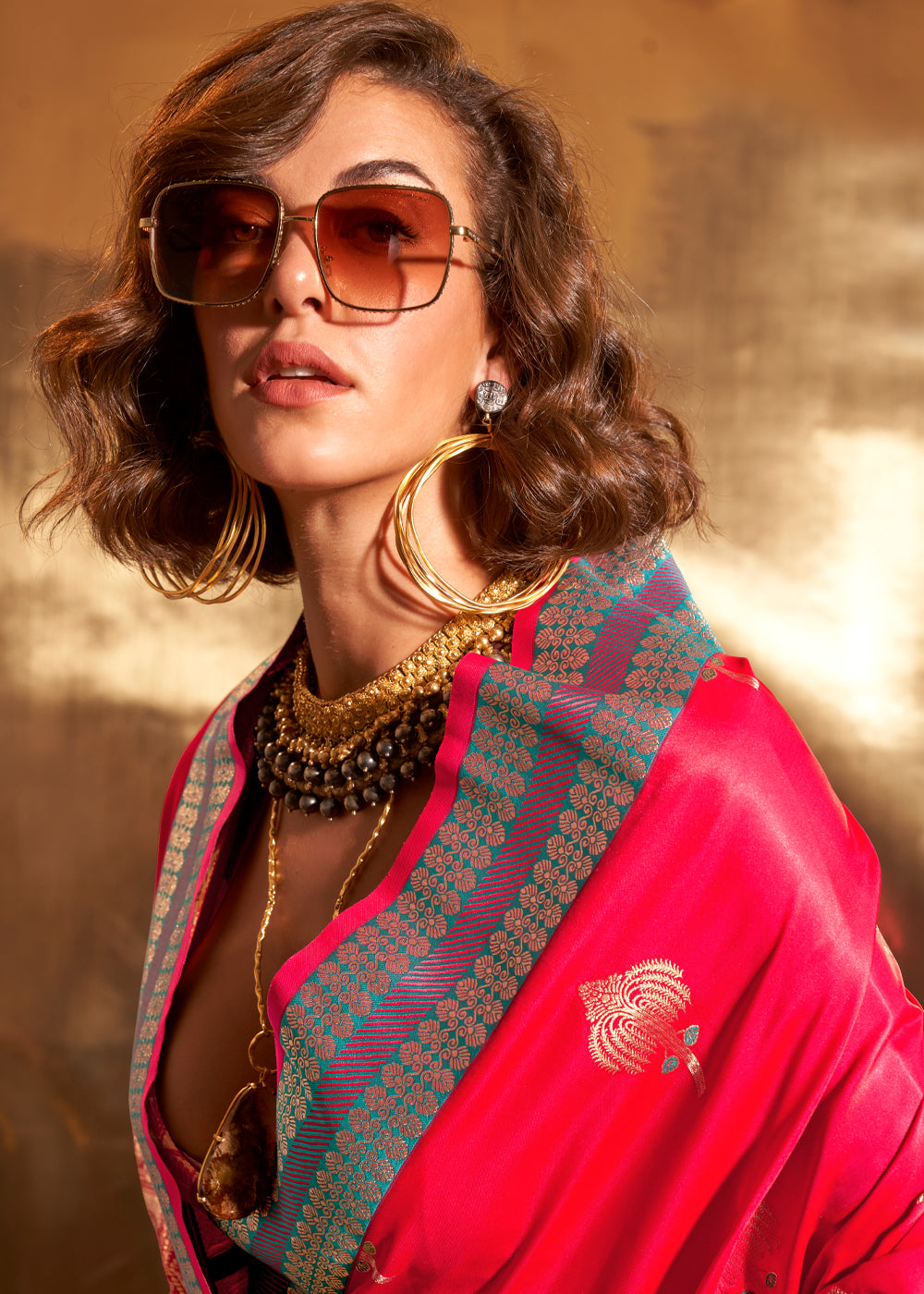 Buy MySilkLove Wild Watermelon Pink Woven Banarasi Satin Silk Saree Online
