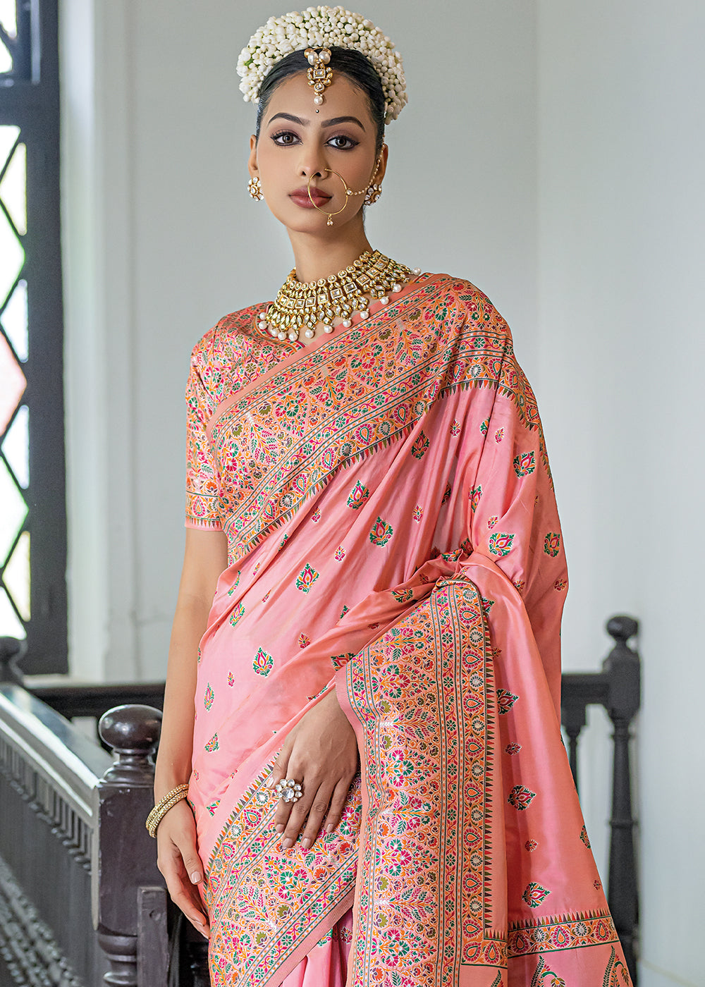 Buy MySilkLove Shimmer Peach Kashmiri Handloom Woven Silk Saree Online