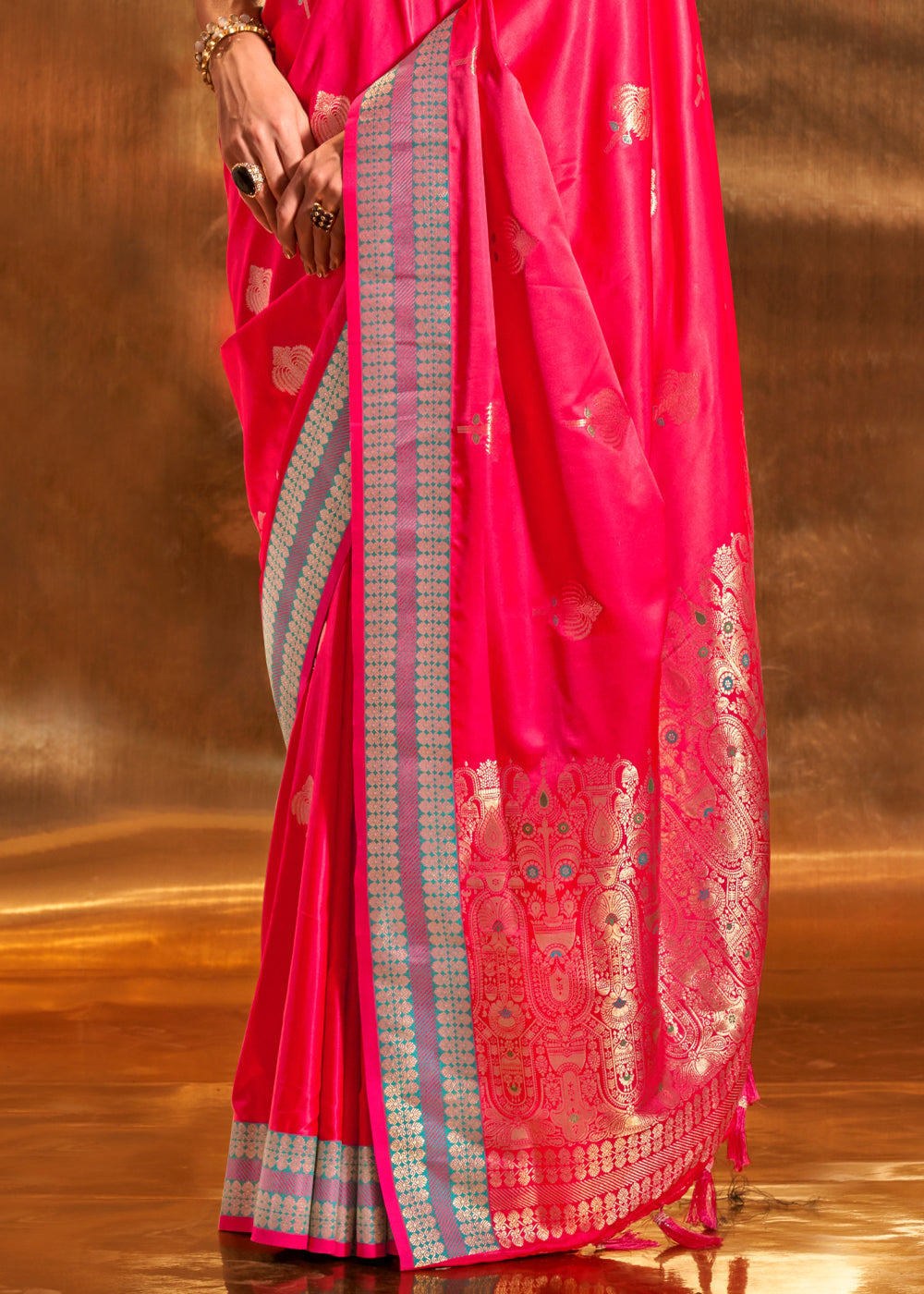 Buy MySilkLove Wild Watermelon Pink Woven Banarasi Satin Silk Saree Online