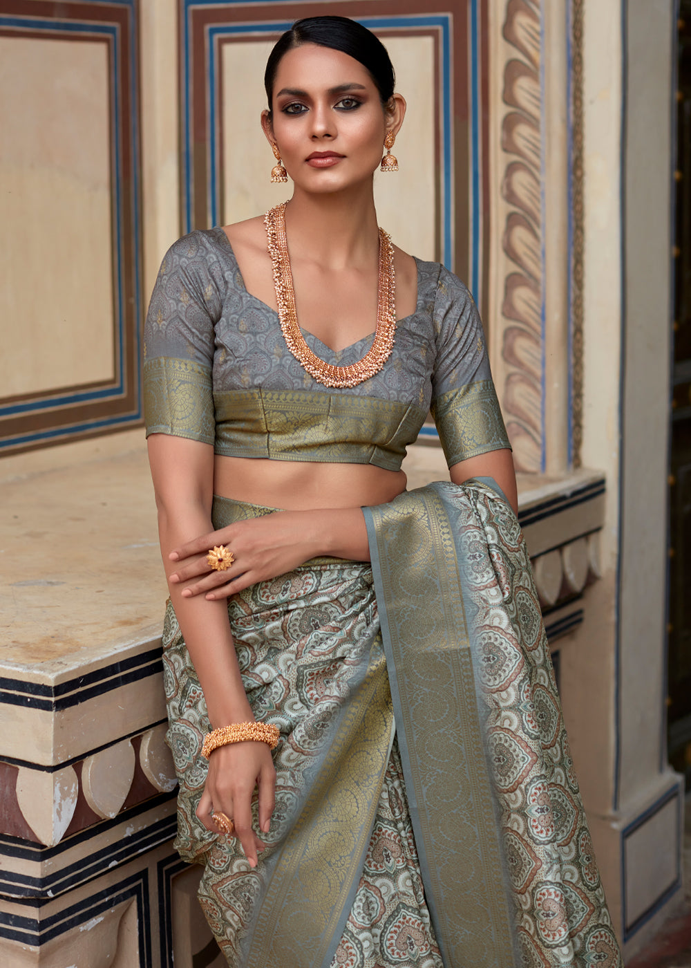 Buy MySilkLove Tower Grey Banarasi Digital Printed Silk Saree Online