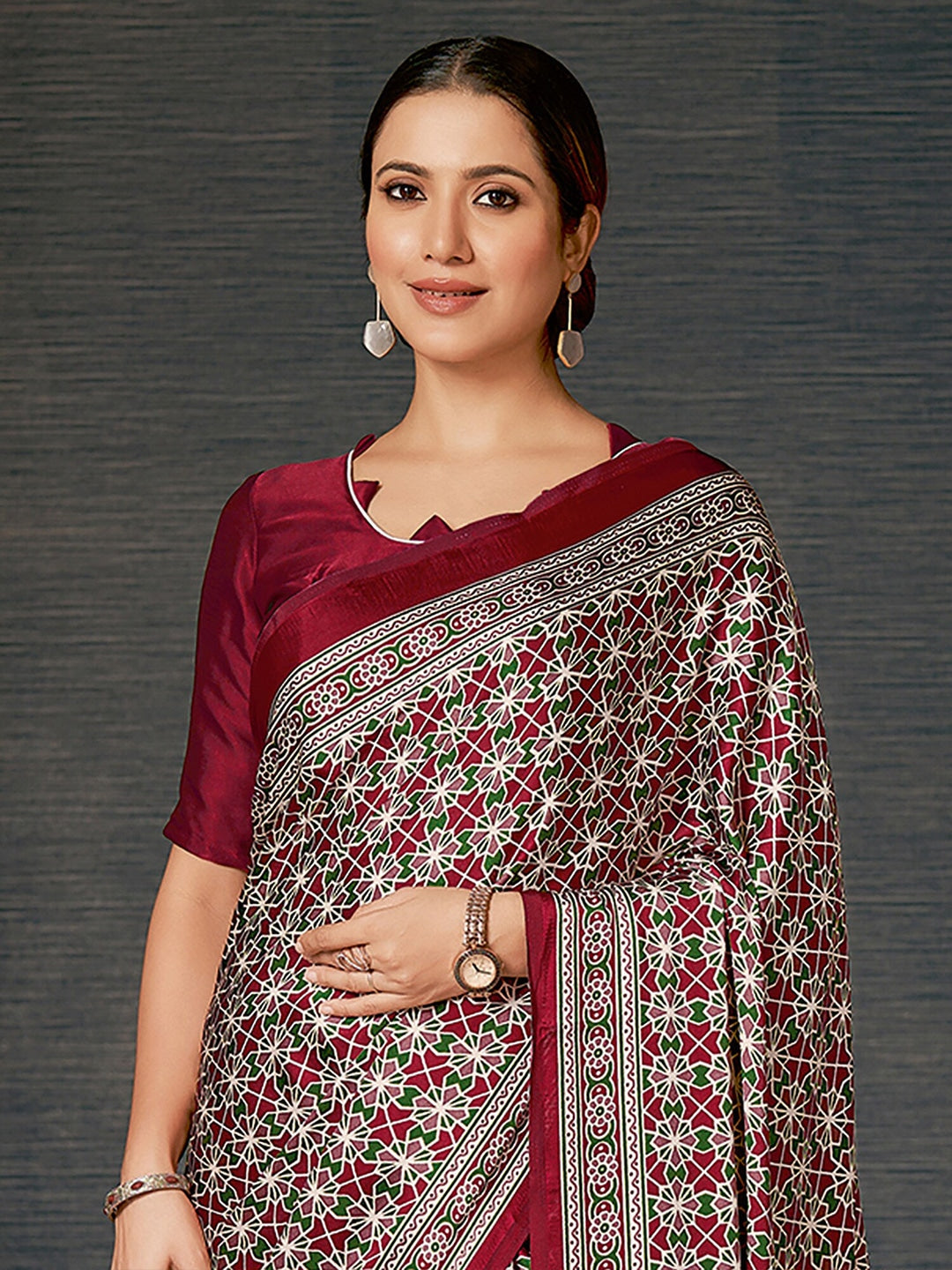 Buy MySilkLove Dark Tan Maroon Digital Printed Ajrakh Satin Crepe Saree Online