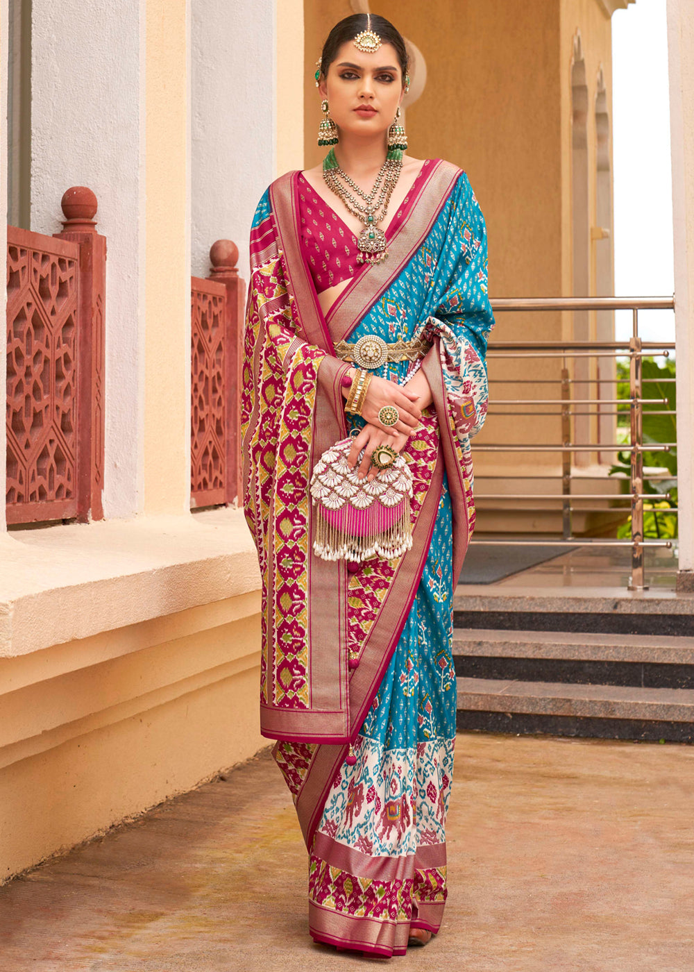 Buy MySilkLove Malibu Blue and Red Printed Patola Soft Silk Saree Online