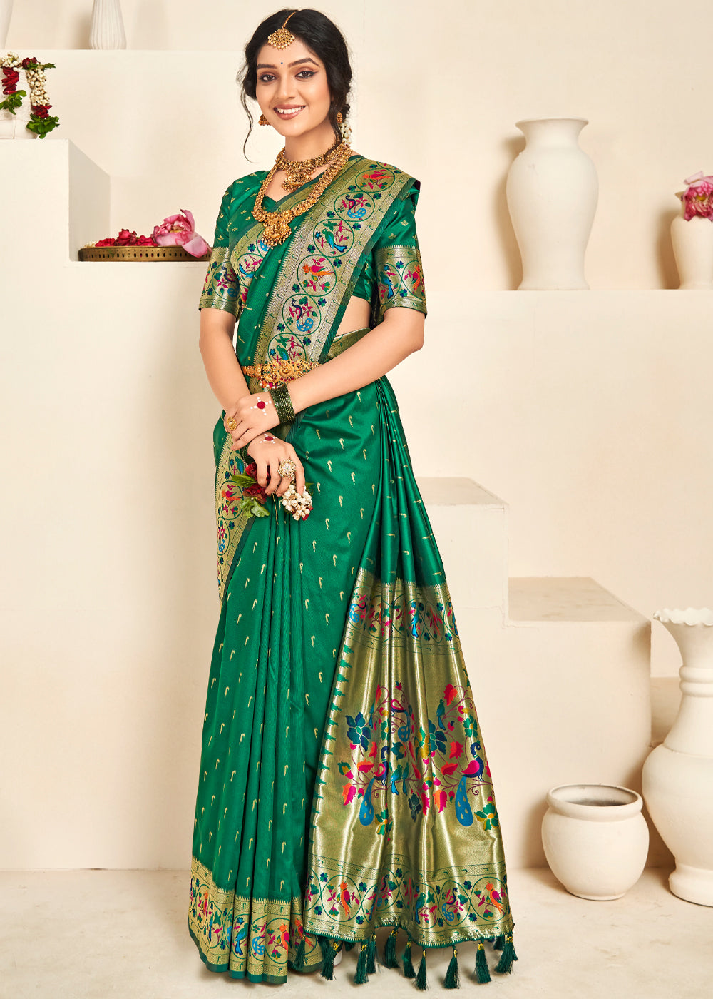 Buy MySilkLove Christmas Tree Green Woven Paithani Silk Saree Online