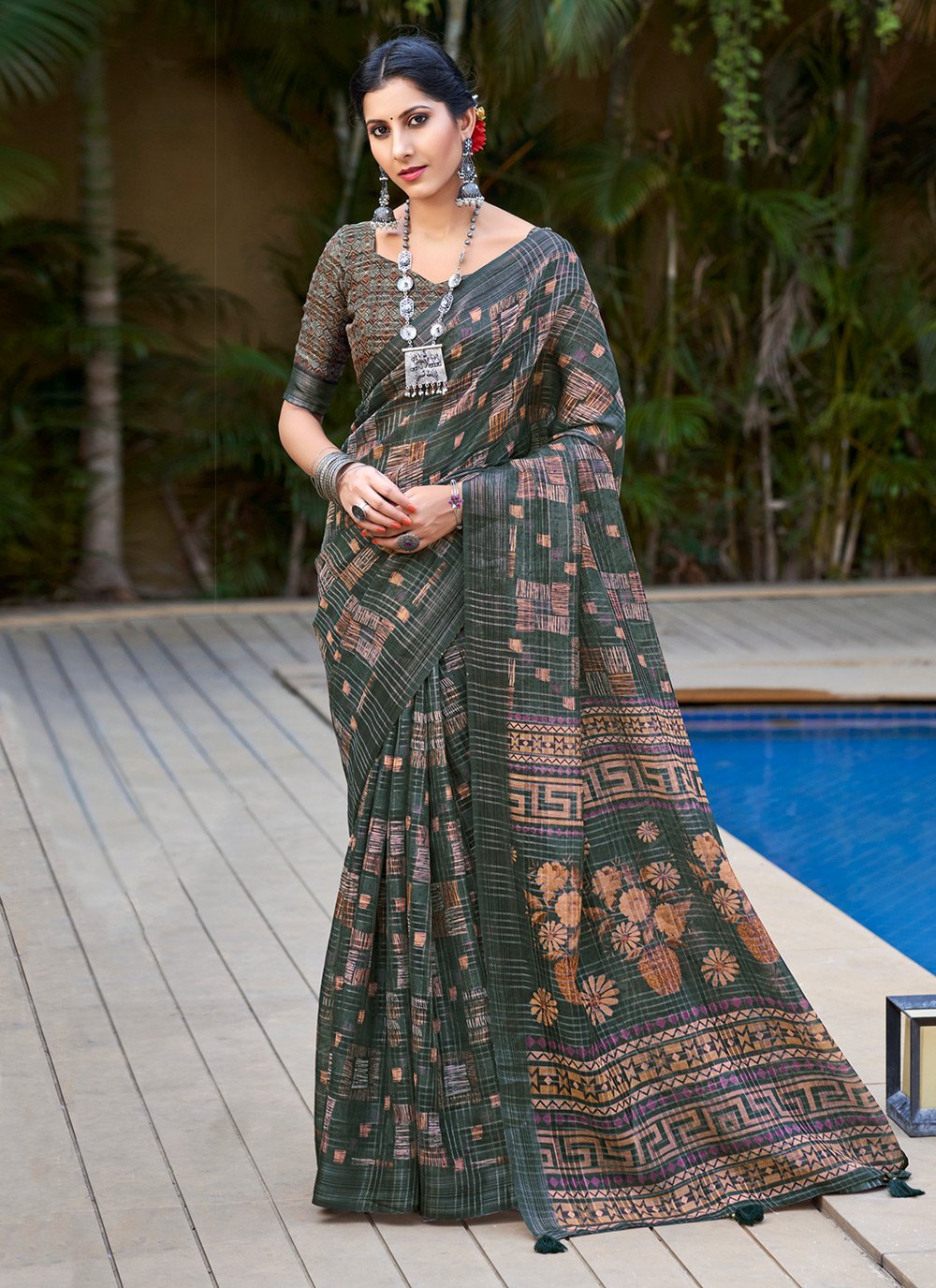 Buy MySilkLove Heavy Metal Green Digital Printed Linen Saree Online