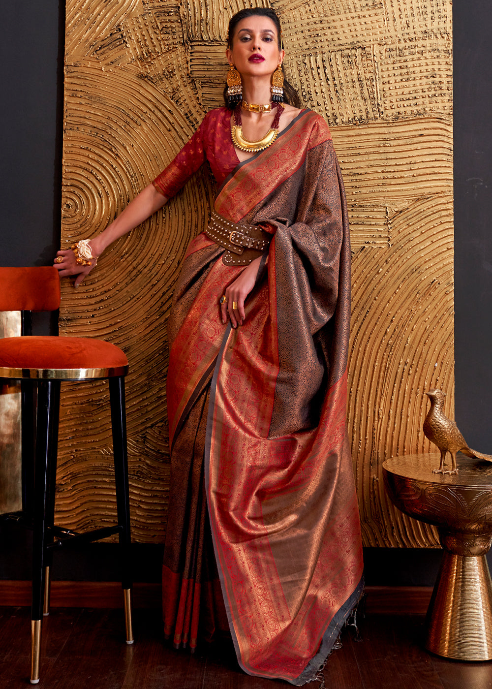 Buy MySilkLove Roman Coffee Brown Chaap Handloom kanjivaram silk Saree Online