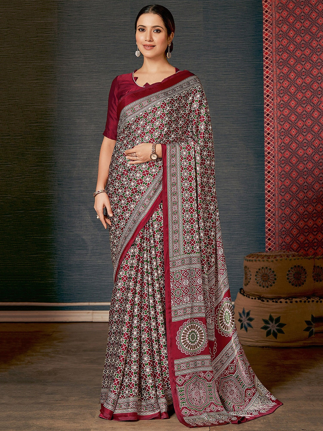 Buy MySilkLove Dark Tan Maroon Digital Printed Ajrakh Satin Crepe Saree Online