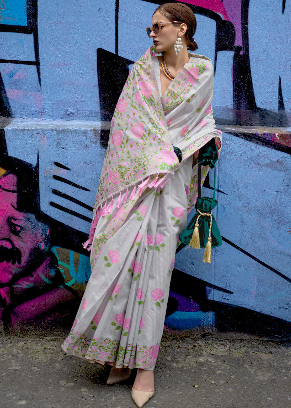 Buy MySilkLove Silver Grey Floral Handloom Banarasi Saree Online