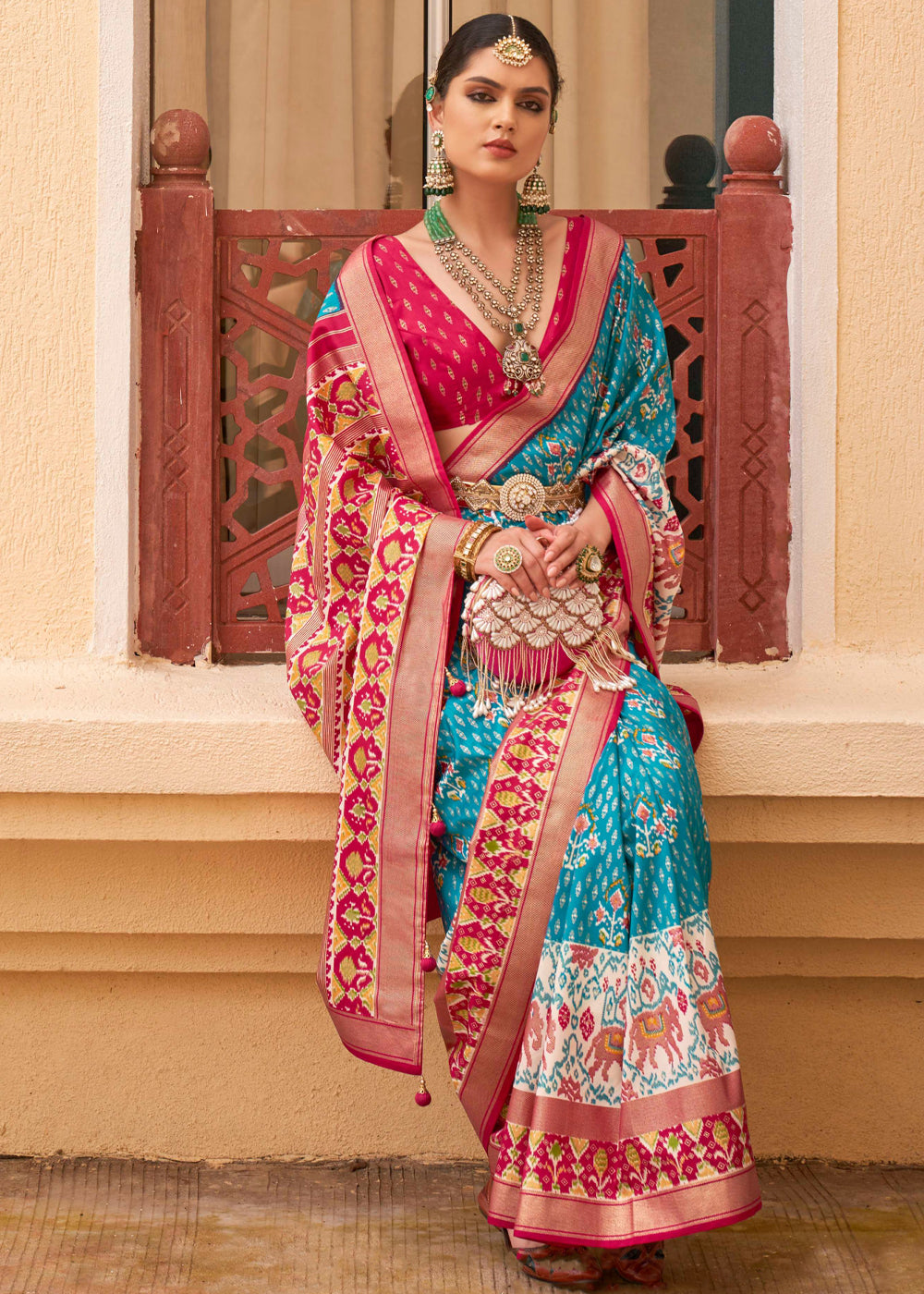 MySilkLove Malibu Blue and Red Printed Patola Soft Silk Saree