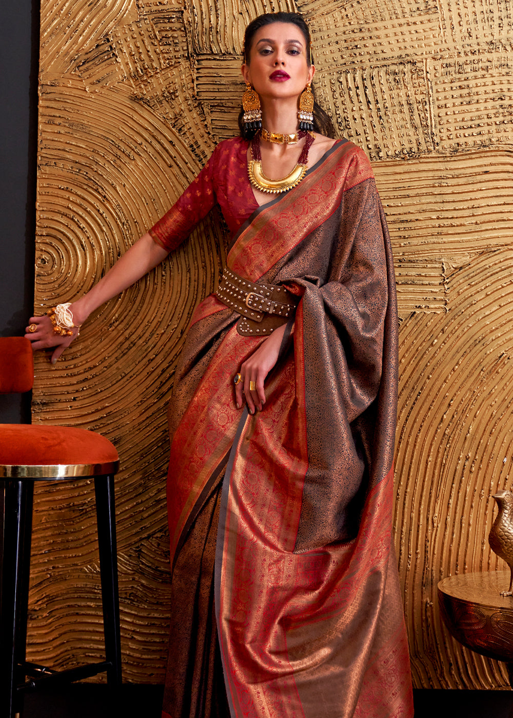 Buy MySilkLove Roman Coffee Brown Chaap Handloom kanjivaram silk Saree Online