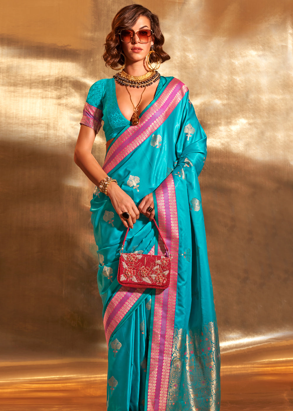 Buy MySilkLove Malibu Blue Woven Banarasi Satin Silk Saree Online