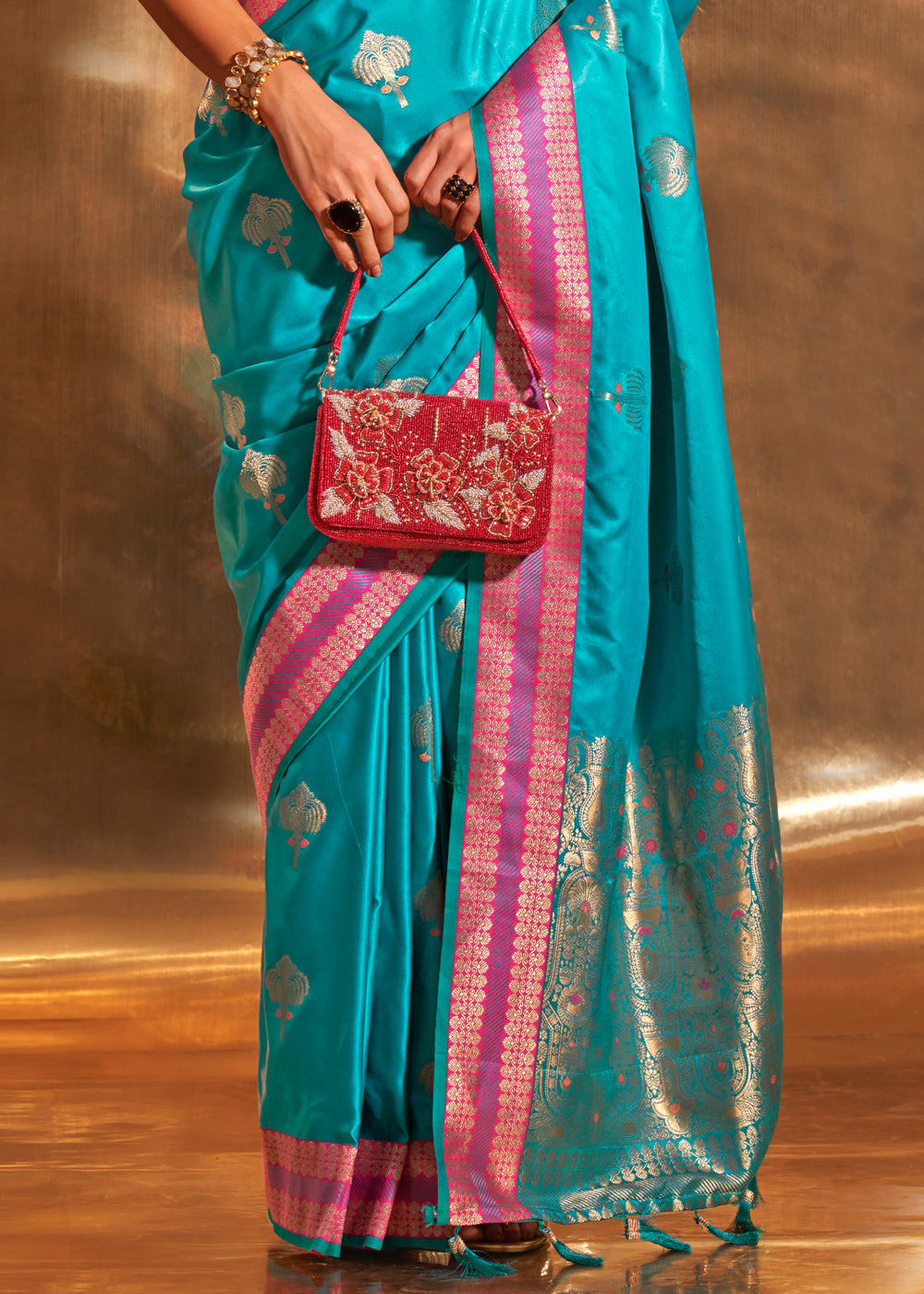 Buy MySilkLove Malibu Blue Woven Banarasi Satin Silk Saree Online