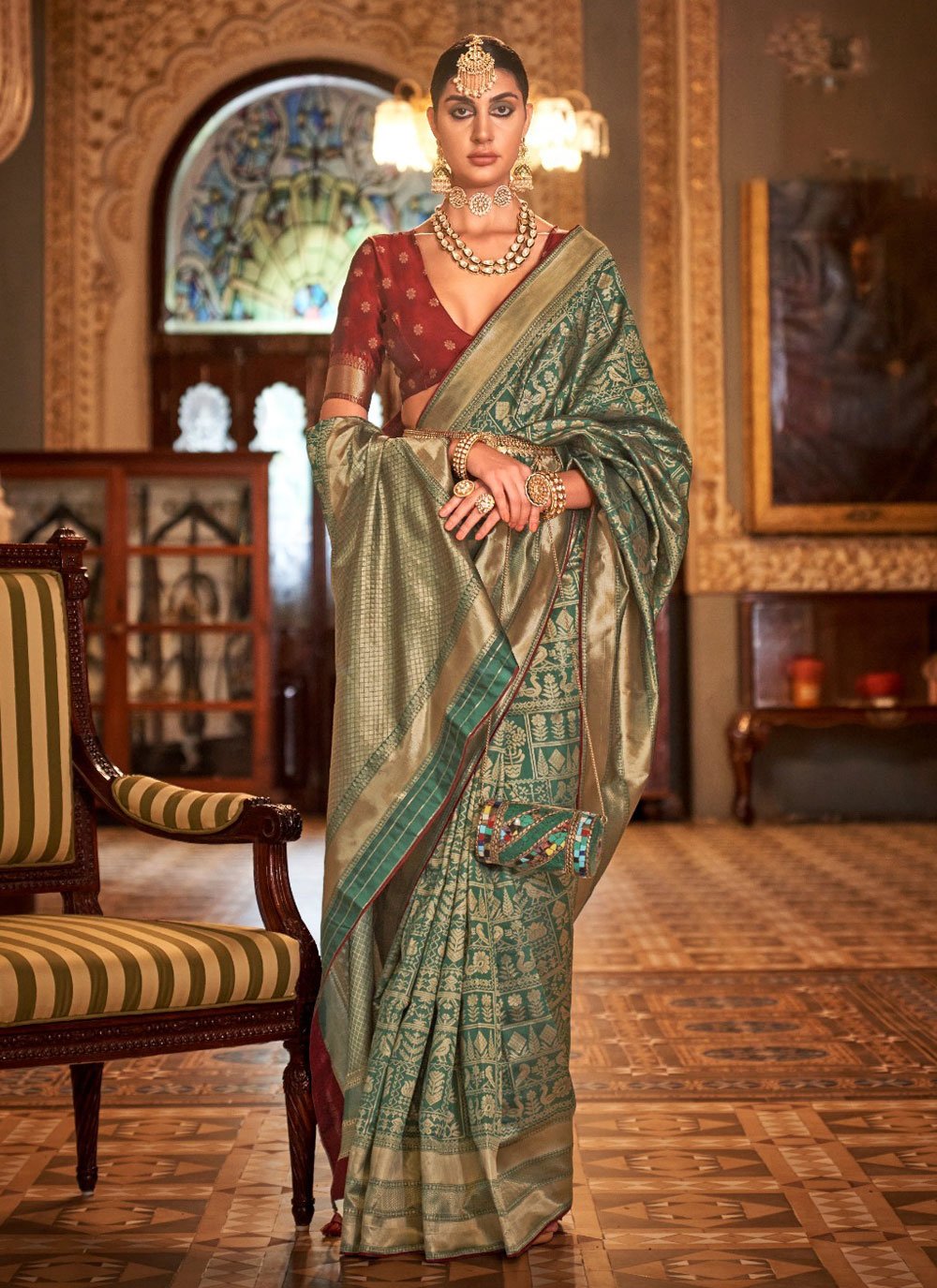 Buy MySilkLove Locust Green Woven Patola Silk Saree Online