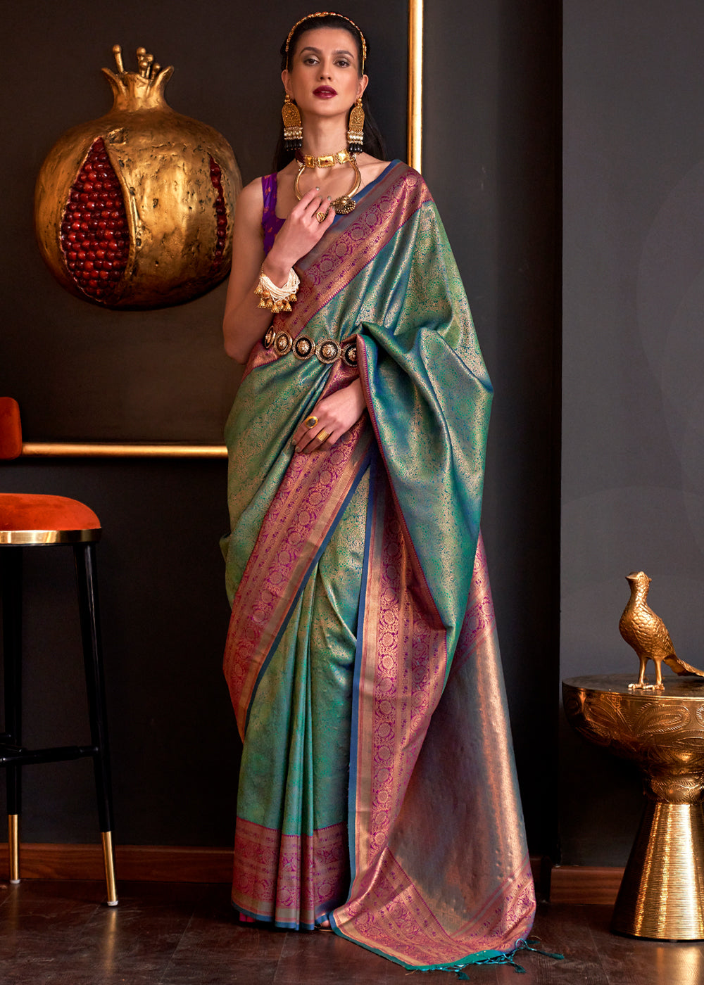 Buy MySilkLove Corduroy Green Chaap Handloom kanjivaram silk Saree Online