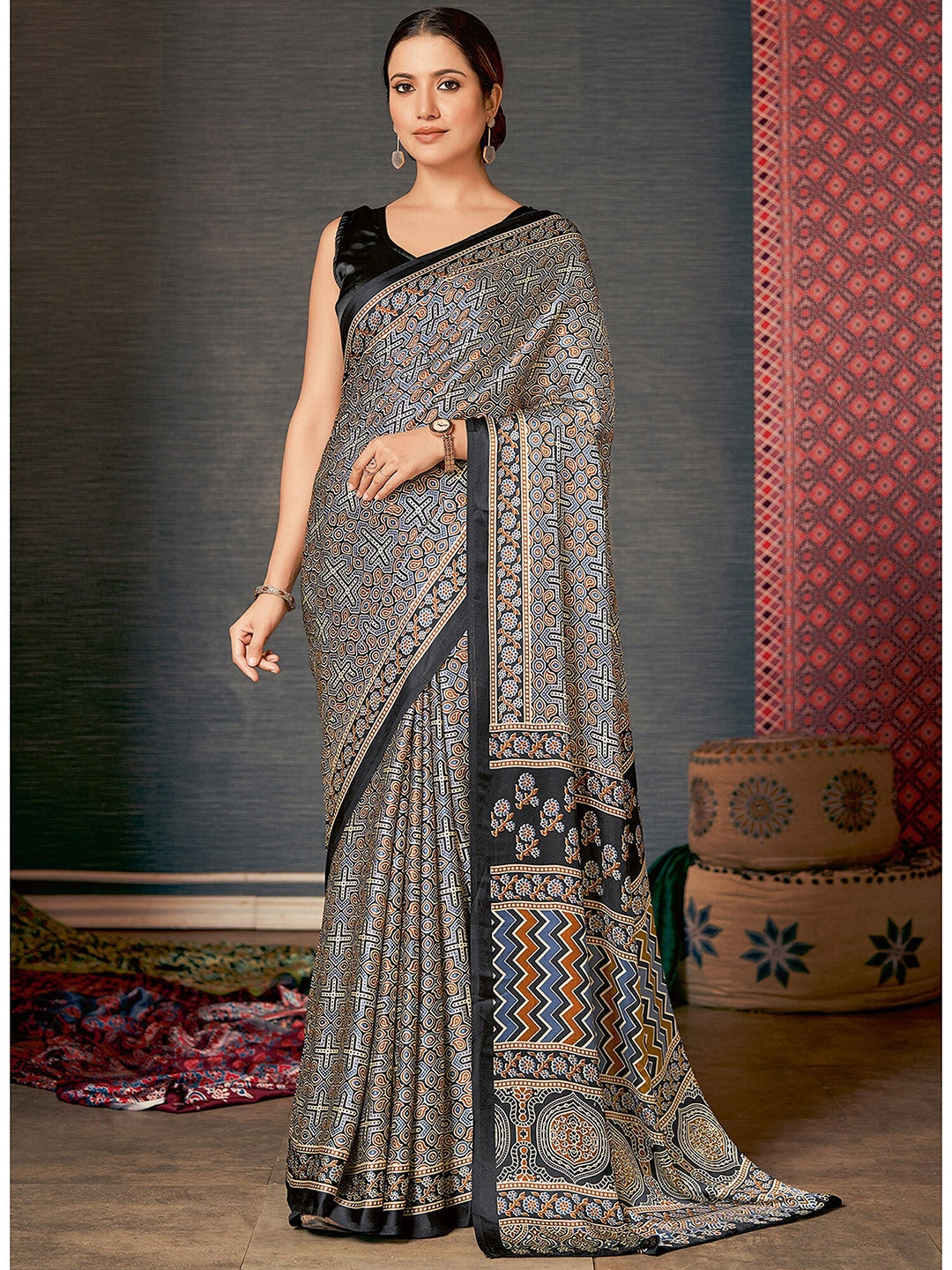 Buy MySilkLove Elegant Grey Digital Printed Ajrakh Satin Crepe Saree Online