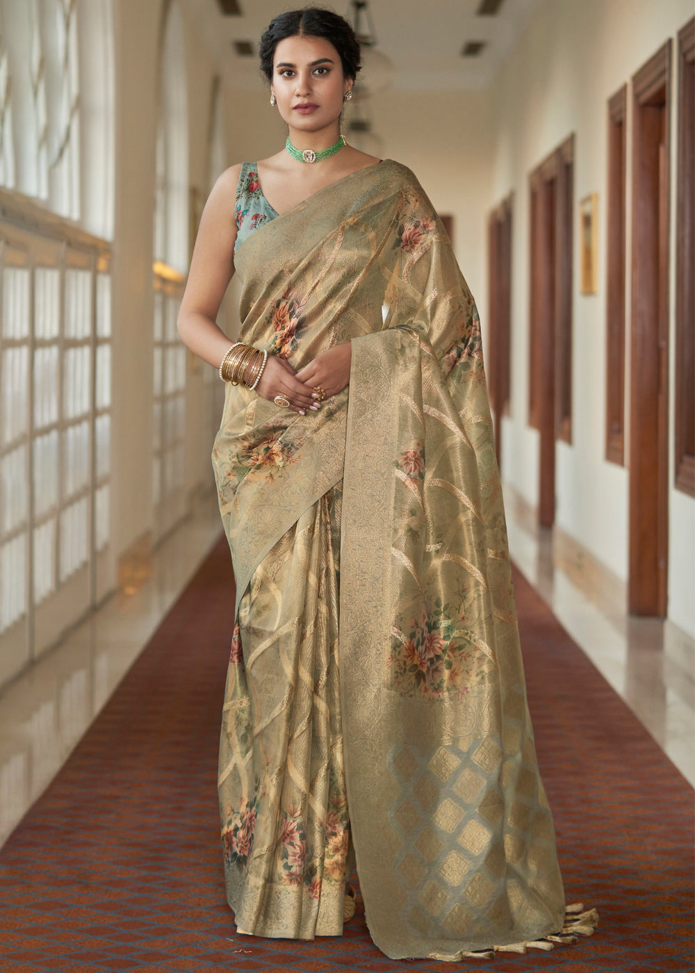 Buy MySilkLove Copper Canyon Golden Woven Banarasi Tissue Organza Silk Sare Online