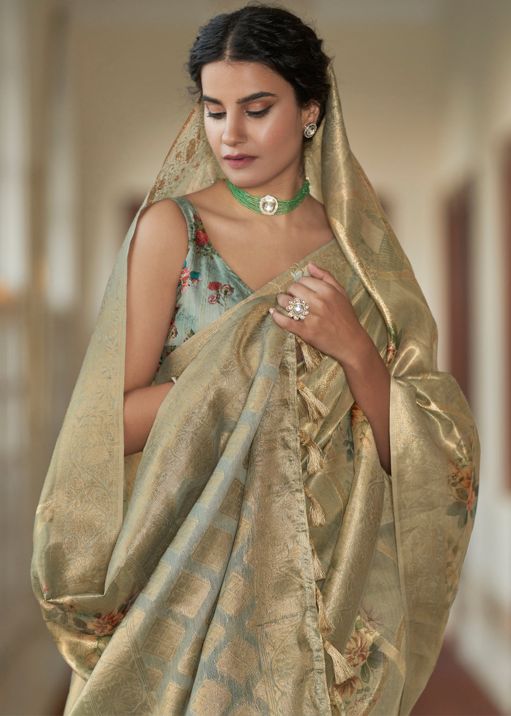 MySilkLove Copper Canyon Golden Woven Banarasi Tissue Organza Silk Sare