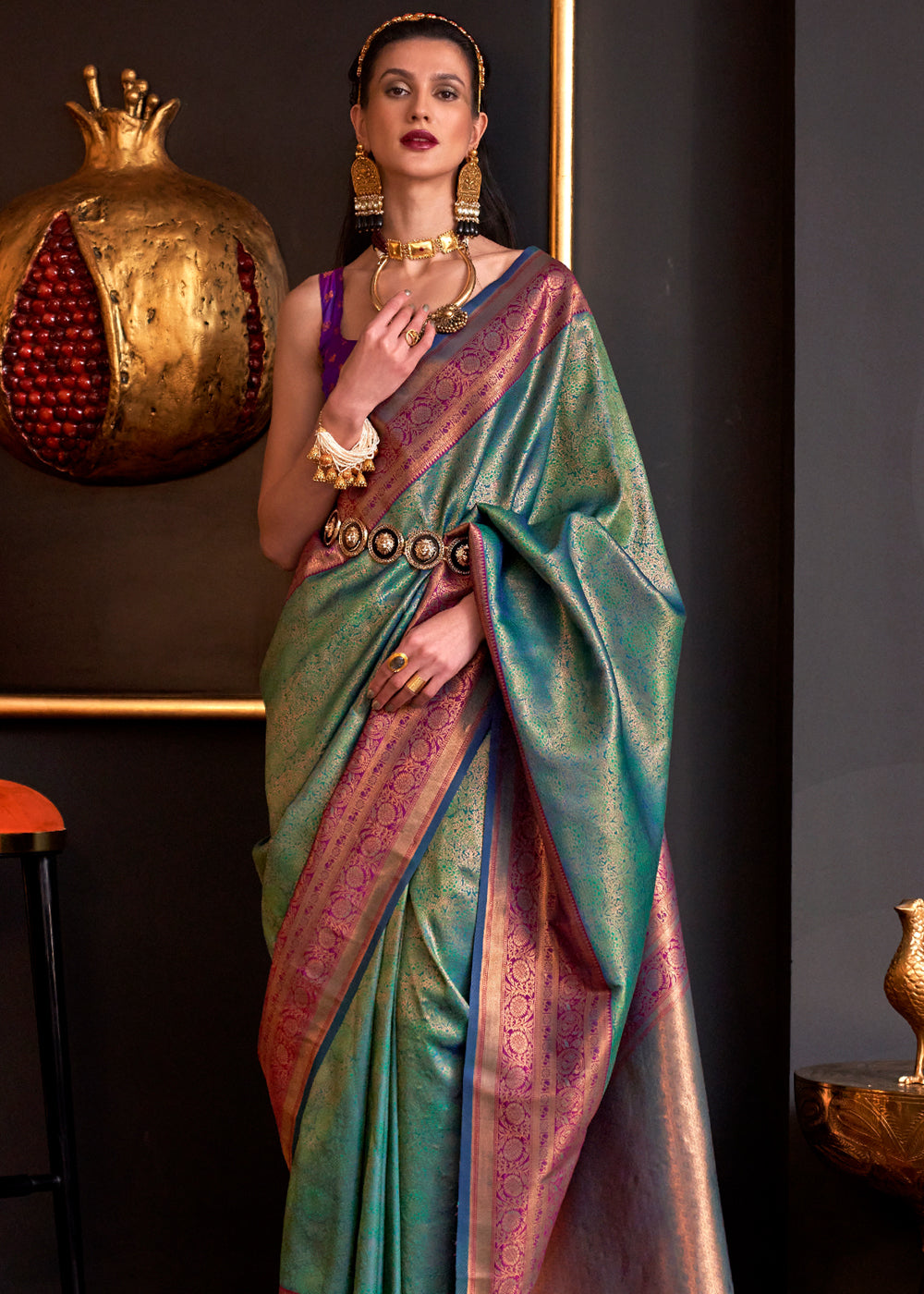 Buy MySilkLove Corduroy Green Chaap Handloom kanjivaram silk Saree Online