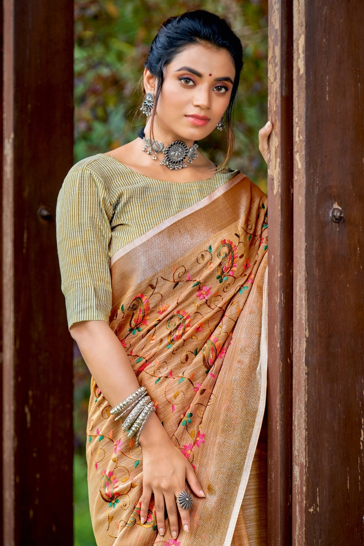 Buy MySilkLove Macaroni Cheese Orange Handcrafted Linen Saree Online