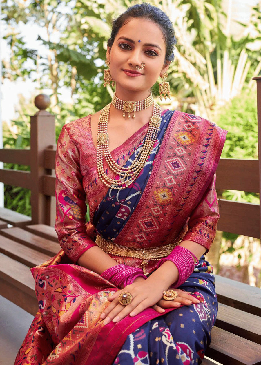 MySilkLove Port Gore Blue and Pink Woven Kanchipuram Saree