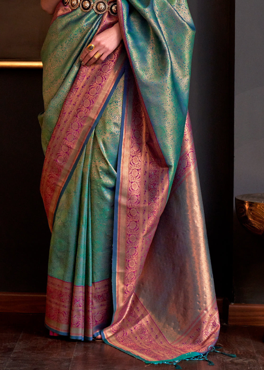 Buy MySilkLove Corduroy Green Chaap Handloom kanjivaram silk Saree Online