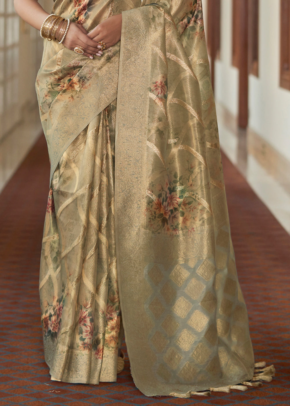 Buy MySilkLove Copper Canyon Golden Woven Banarasi Tissue Organza Silk Sare Online