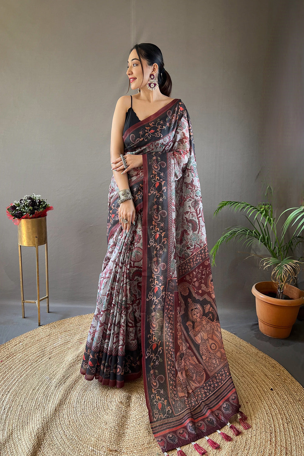 Buy MySilkLove Chatelle Grey Printed Cotton Kalamkari Saree Online