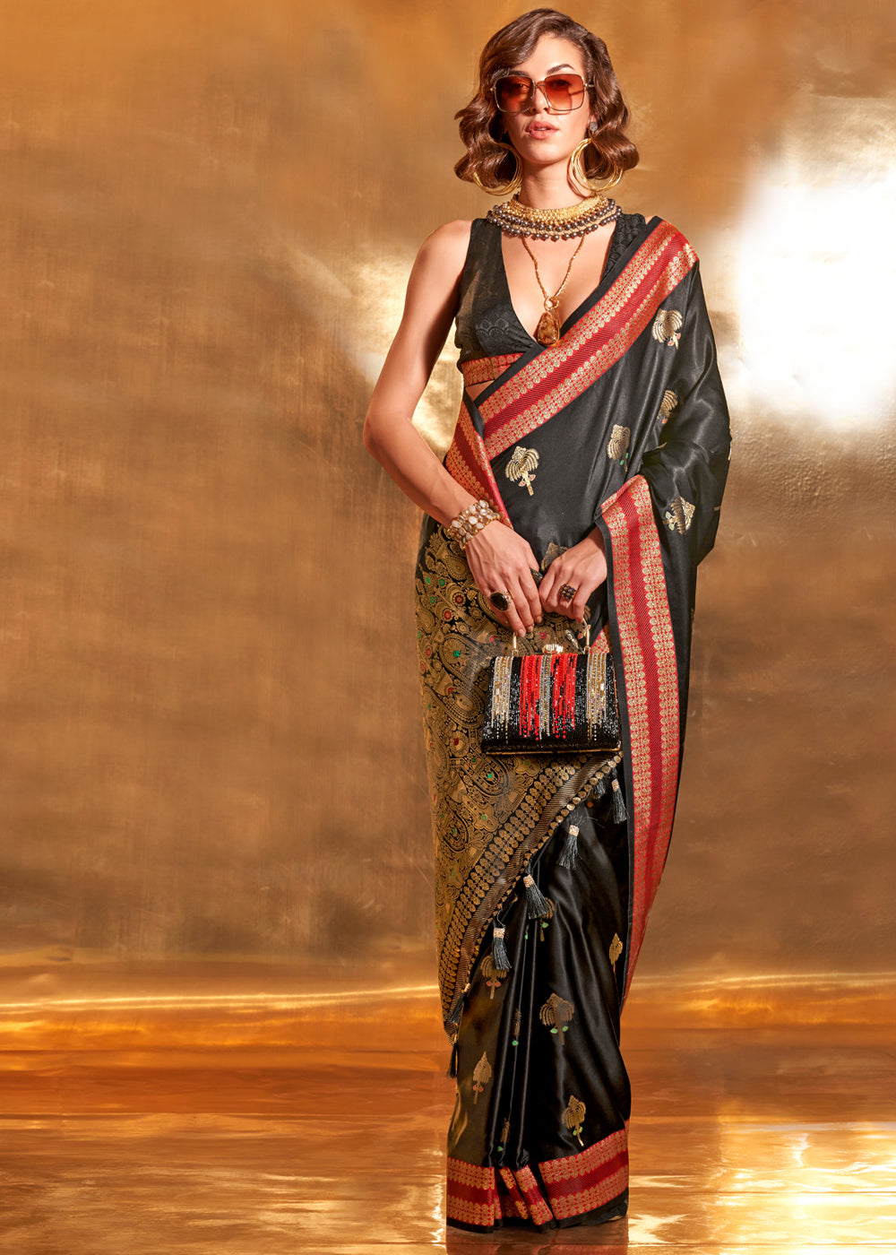 Buy MySilkLove Merlin Black Woven Banarasi Satin Silk Saree Online