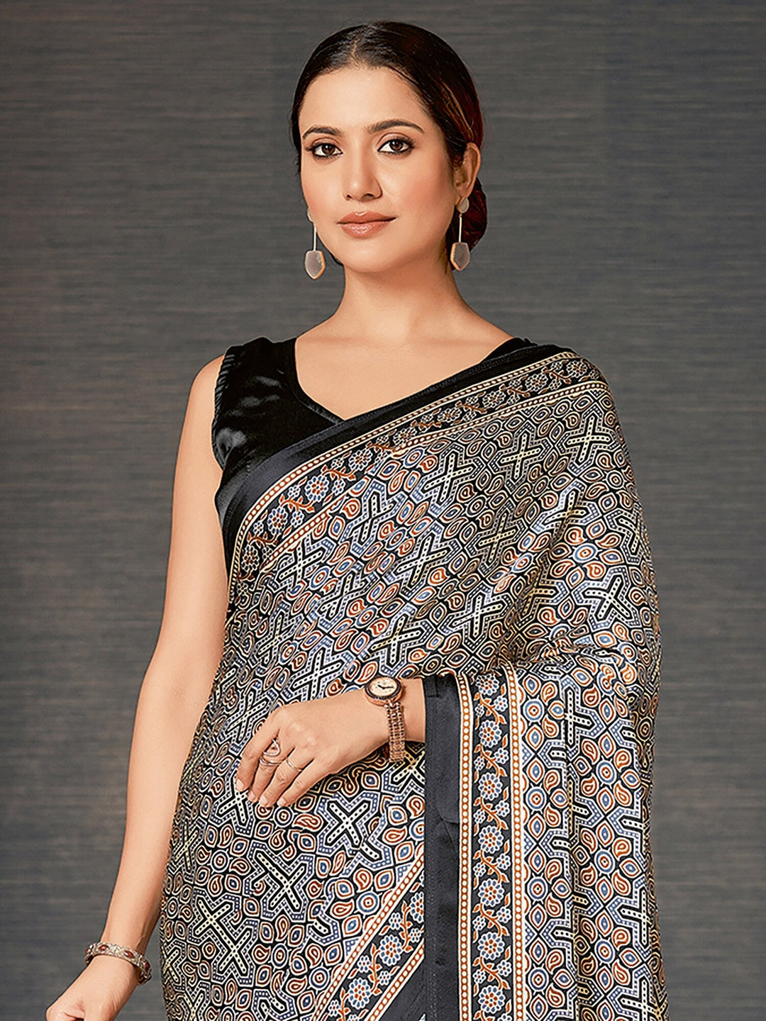 Buy MySilkLove Elegant Grey Digital Printed Ajrakh Satin Crepe Saree Online