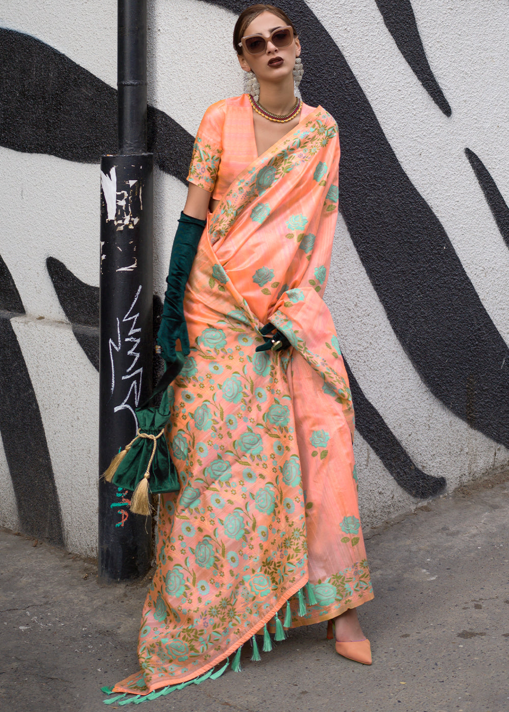 Buy MySilkLove Vivid Tangerine Orange Floral Handloom Banarasi Saree Online