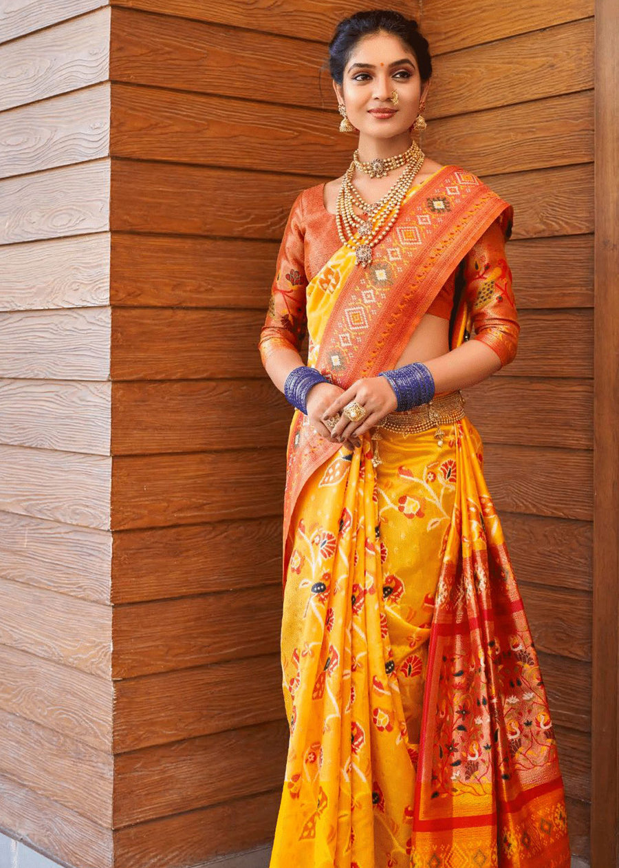 Buy MySilkLove Sun Yellow and Orange Woven Kanchipuram Saree Online