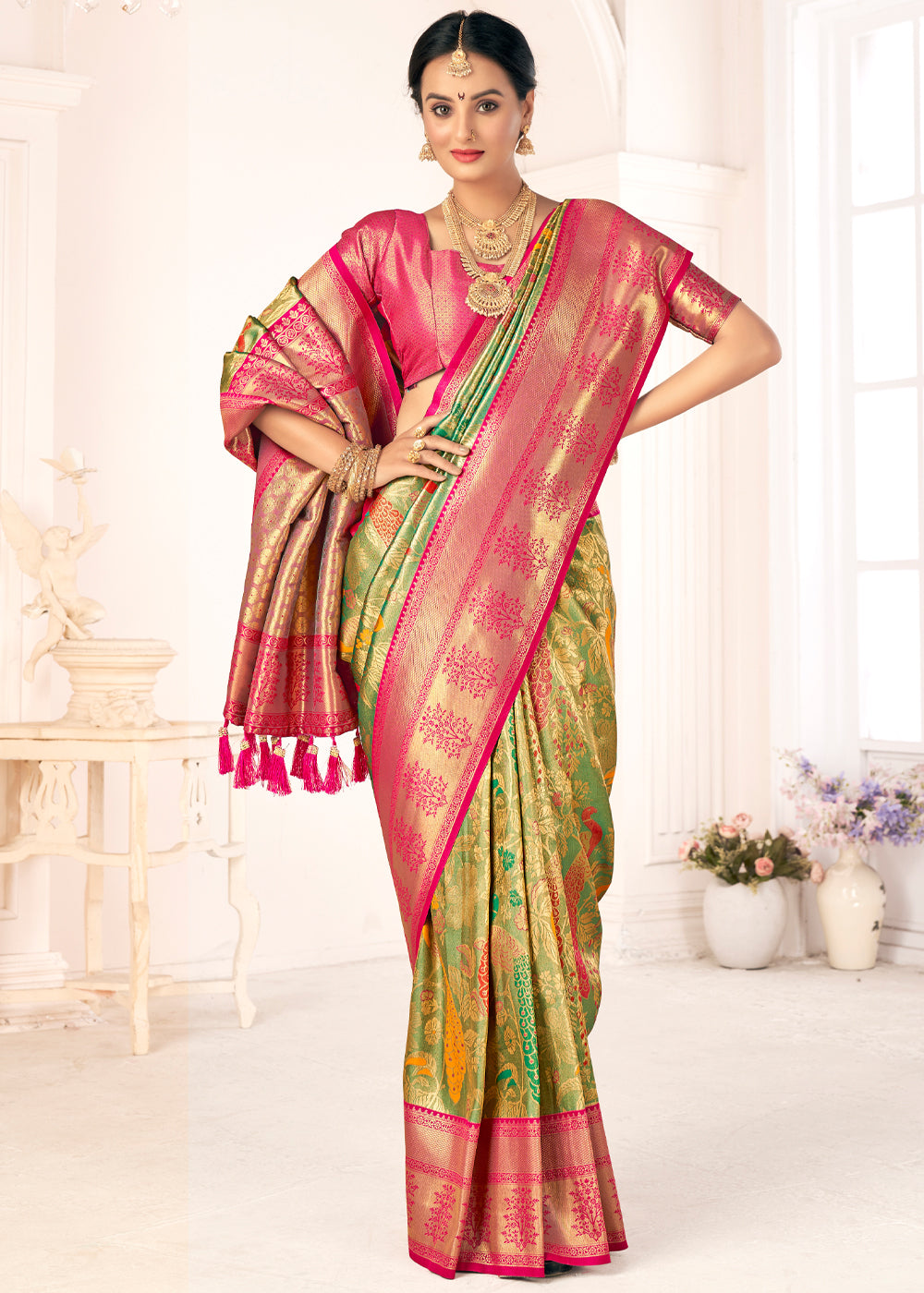 Buy MySilkLove Driftwood Green Woven Paithani Fusion Kanjivaram Silk Saree Online