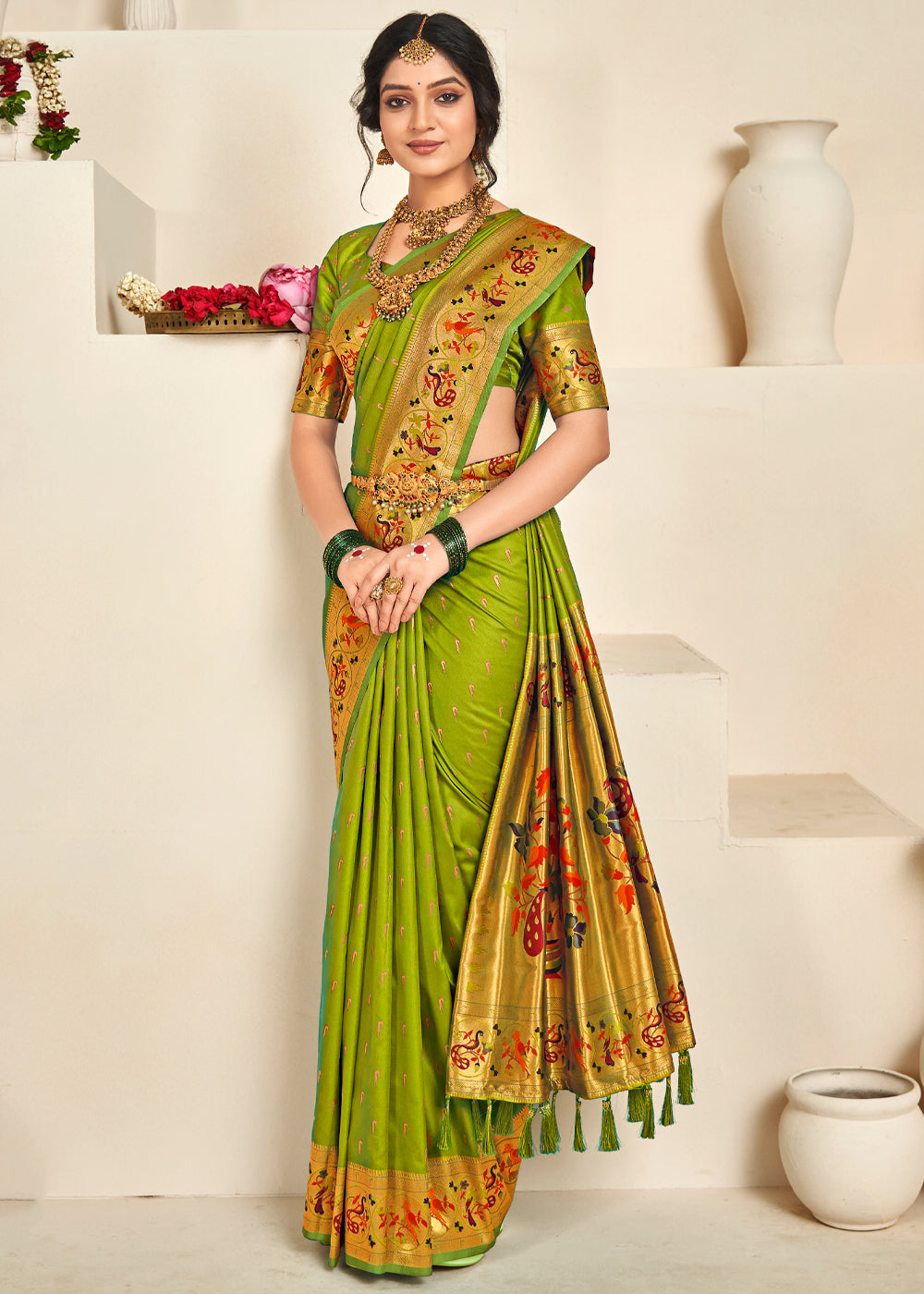 Buy MySilkLove Alpine Green Woven Paithani Silk Saree Online